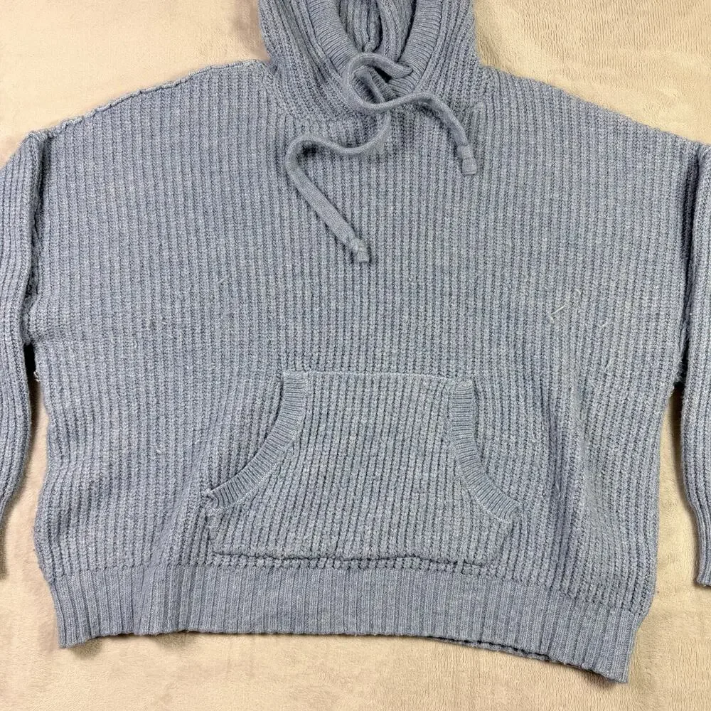 American Eagle Women’s Light Blue Chunky Knit Hooded Sweater Size L Relaxed
